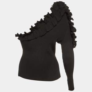 Zimmermann Black  Ruffle Detail Rib Knit One Shoulder Top M