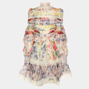 Zimmermann Multicolor Linen Silk Wonderland Smocked Mini Dress M