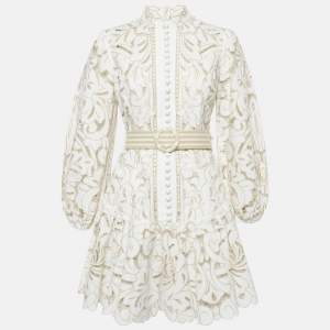 Zimmermann White Floral Broderie Anglaise Linen Belted Mini Dress M