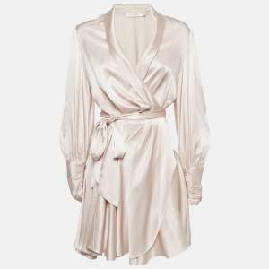 Pre Owned Zimmermann Beige Satin Silk Blouson Sleeve Mini Wrap Dress M