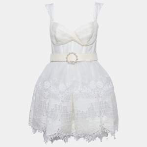 Zimmermann White Map Embroidered Tulle and Linen High-Tide Mini Dress M