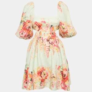 Zimmermann Blue Floral Print Linen Mae Cut Out Mini Dress S