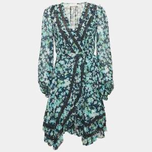 Zimmermann Blue Floral Print Crepe Ruffled  Wrap Mini Dress S