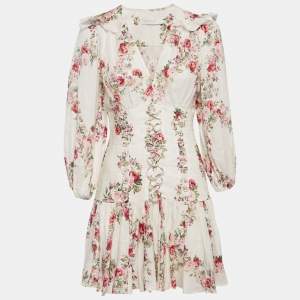 Pre Owned Zimmermann White Floral Print Linen Honour Corset Mini Dress M