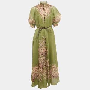 Zimmermann Green Printed Linen Belted Maxi Dress M