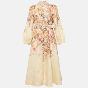 Zimmermann Beige Floral Print Linen Belted Midi Dress M