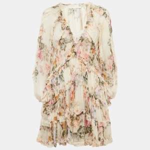 Zimmermann Beige Floral Print Silk Tiered Mini Dress S