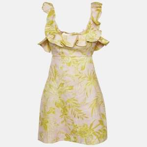 Zimmermann Pink/Yellow Printed Linen Ruffled Cut-Out Mini Dress M