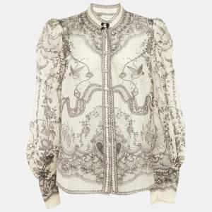 Zimmermann Off-Linen Printed Linen and Silk Button Front Blouse XL