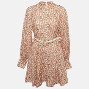 Zimmermann Orange Floral Print Linen Belted Mini Dress M