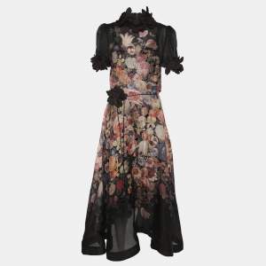 Zimmermann Black Linen Silk Luminosity Liftoff Flower Midi Dress M