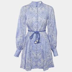 Zimmermann Purple Printed Linen Belted Mini Dress XS