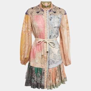 Zimmermann Multicolor Printed Cotton Button Front Belted Flounce Mini Dress S