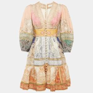 Zimmermann Multicolor Printed Linen Lace Trimmed Mini Dress S