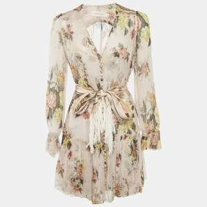 Zimmermann Peach/Pink Floral Print Silk Belted Mini Dress S