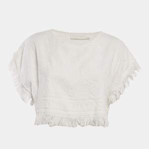 Zimmermann White Palm Tree Terry Cotton Fringed Crop Top M