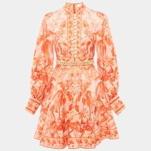Zimmermann Orange Printed Linen Belted Mini Dress S
