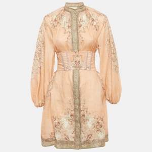 Zimmermann Light Orange Printed Button Front Belted Mini Dress S