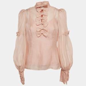 Pre Owned Zimmermann Pink Linen Blend Bow Detail Blouse M