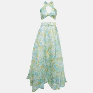 Pre Owned Zimmerman Green Ikat Print Silk Blend High Tied Top & Skirt Set M