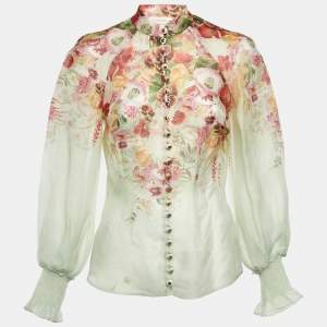 Pre Owned Zimmermann Green Floral Linen & Silk Wonderland Blouse S