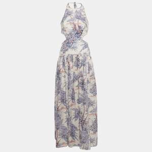 Zimmermann Pink Palm Tree Print Linen Halter Neck Maxi Dress M