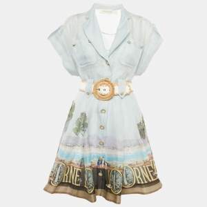 Zimmermann Blue Printed Silk and Linen Button Front Belted Mini Dress S