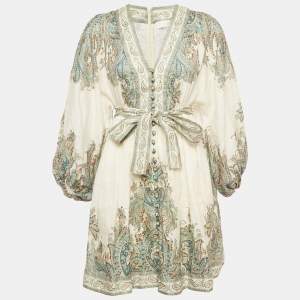 Pre Owned Zimmermann White Printed Linen Belted Mini Dress M