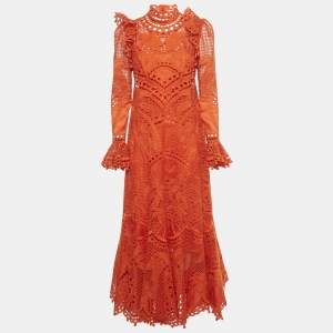 Pre Owned Zimmermann Orange Broderie Anglaise Silk Brightside Palm Gown M