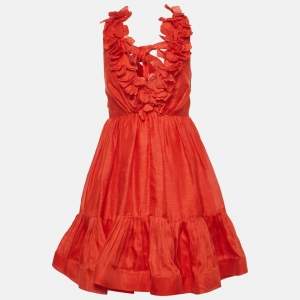 Zimmermann Red Linen and Silk Plunge Neck Lovestruck Garland Mini Dress M