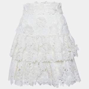 Zimmermann White Floral Applique Linen Tiered Mini Skirt S