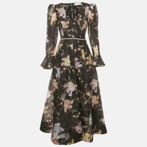 Pre Owned Zimmermann Black Floral Print Silk Blend Eden Midi Dress M