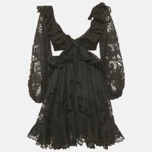 Zimmermann Black Broderie Anglaise Cut-Out Tie-Up Detail Mini Dress S