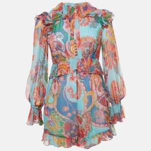 Zimmermann Blue Printed Silk Ruffled Playsuit M