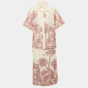 Zimmermann Beige/Red Ottie Palm-Knit Cotton Shirt and Skirt Set M