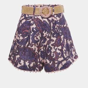 Zimmermann Pink Bead Embellished Paisley Print Linen Shorts M