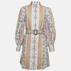 Zimmermann Multicolor Linen Floral Print High Neck Mini Dress M