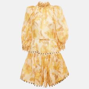 Pre Owned Zimmermann Orange Embellished Tempo Rouleau Trim Linen Blend Mini Dress M