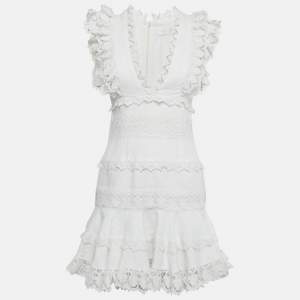 Pre Owned Zimmermann White Linen Lace Trim Detail Ruffled Mini Dress M