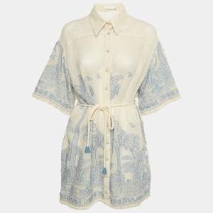 Pre Owned Zimmermann Ivory/Blue Cotton Ottie Palm Shirt Dress M