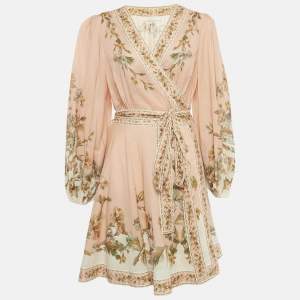 Pre Owned Zimmermann Pink Floral Print Cotton Mini Wrap Dress L
