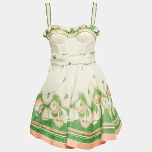 Pre Owned Zimmermann Off -White Printed Linen Blend High Tide Mini Dress XS 