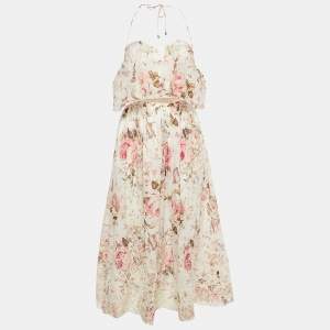 Pre Owned Zimmermann White Floral Print Cotton Cut Out Midi Dress M