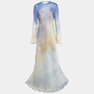 Pre Owned Zimmermann Blue Watercolor Print Silk Tama Bias Slip Maxi Dress L