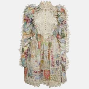 Pre Owned Zimmermann Multicolor Printed Linen and Silk Lace Trim Detail Short Dress L