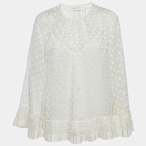 Pre Owned Zimmermann Off-White Dotted Crepe Fil Coupe Pleat Detail Top M