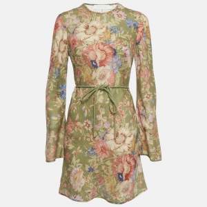 Pre Owned Zimmermann Green/Multicolor Floral Print Linen Belted Mini Dress M