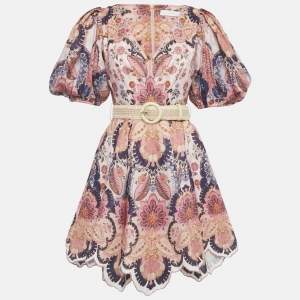 Pre Owned Zimmermann Pink Floral Print Linen Belted Laurel Mini Dress S 
