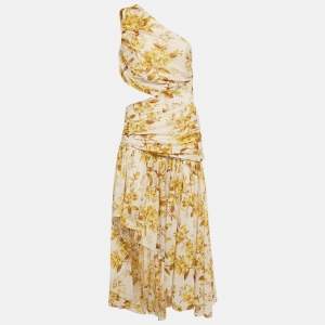 Pre Owned Zimmermann Yellow Floral Print Cotton One-Shoulder Asymmetric Dress M