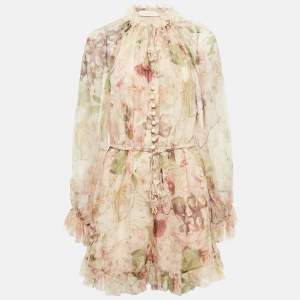 Pre Owned Zimmermann Pink Floral Print Silk Dancer Flutter Playsuit M